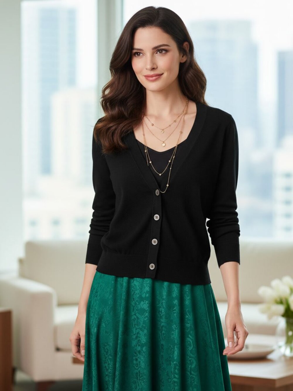 Y2K Banana Republic Black Silk And Cashmere V-Neck Button Cardigan 3/4 Sleeves